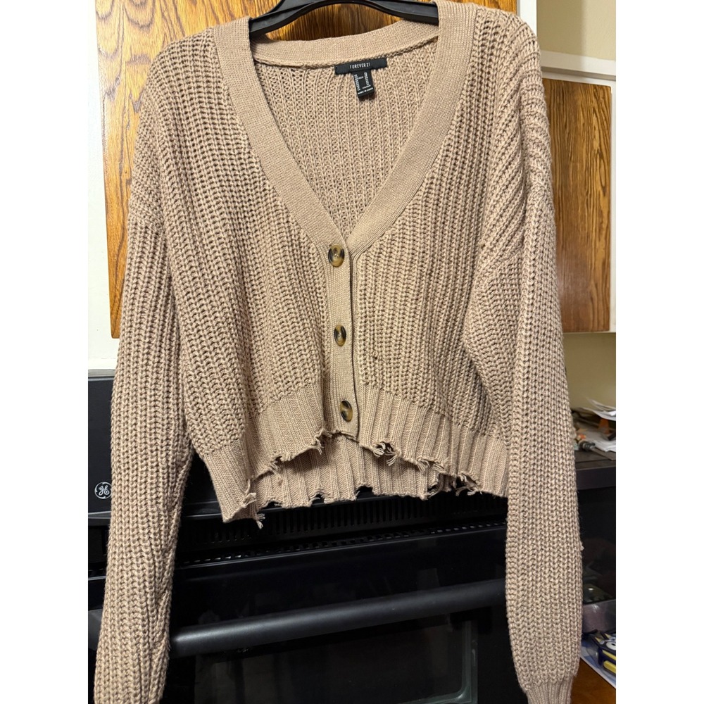 Forever 21 Cropped Distressed Cardigan Tan Ribbed Knit‎ Button Front Women XL